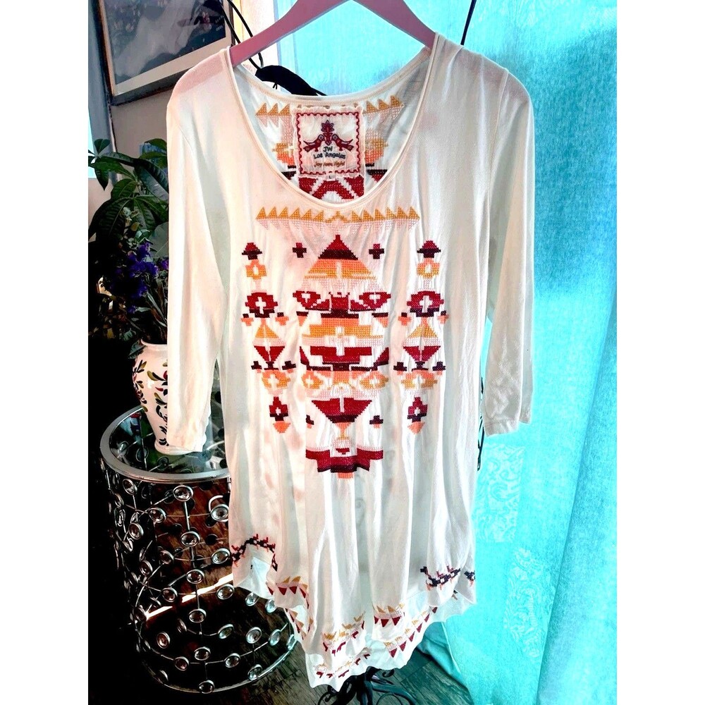 Johnny Was Long Sleeve Embroidered Top Cream, Orange And Red Size L